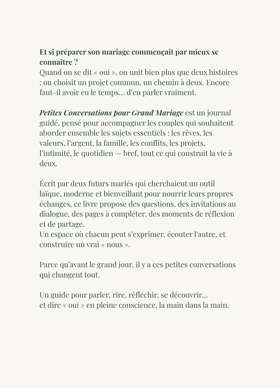 Quatrième de couverture du livre Petites Conversations pour Grand Mariage